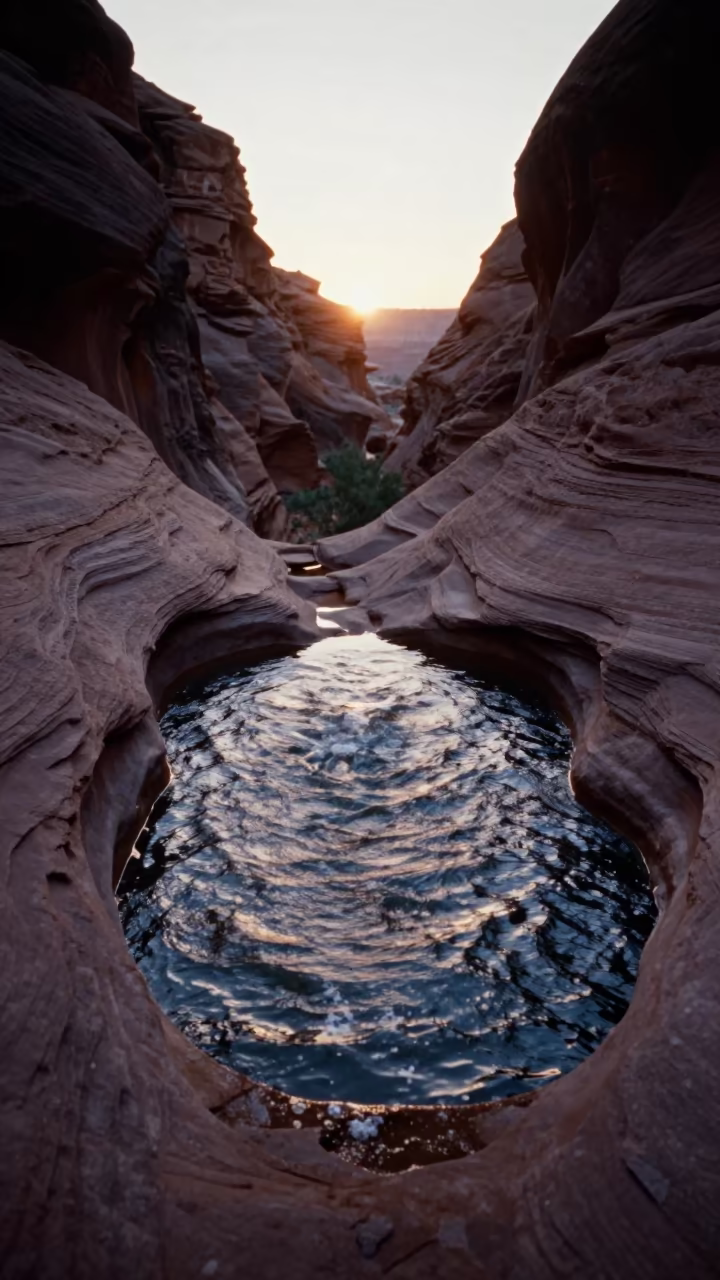 Silhouetted Desert Pool at Sunset in Utah Canyon in in Utah
