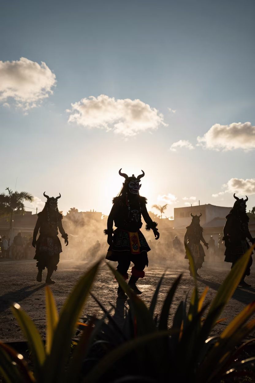 Silhouetted Devil Dancers in Recife Golden Light in in Recife