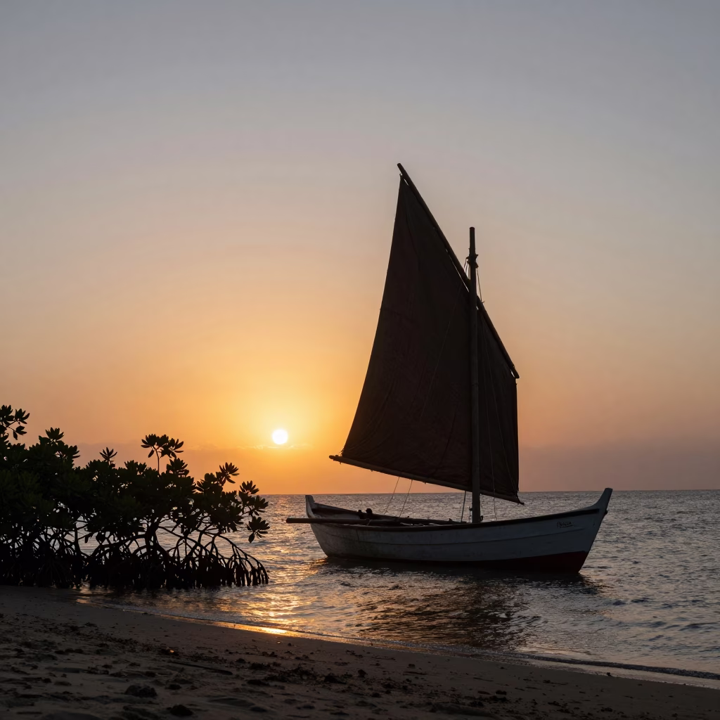 Silhouetted Dhow at Sunset on Durban Beach with Mangrove Roots in Background in in Durban, South Africa