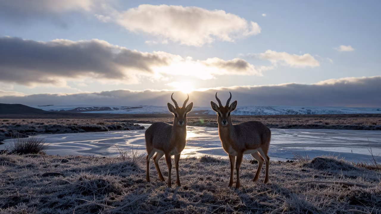 Silhouetted Dik-dik Pair at Yukon Sunrise in above a glacial stream in Yukon