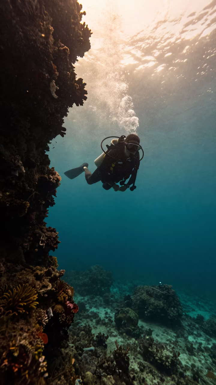 Silhouetted Diver at Reef Edge in Bali in beneath a reef ledge in tropical shallows near Denpasar