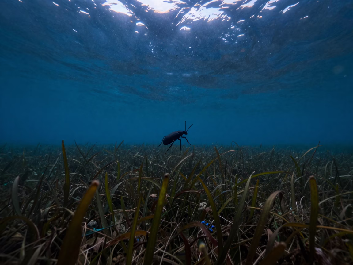 Silhouetted Diving Beetle Hunting in Seagrass in above a seagrass meadow near Marseille
