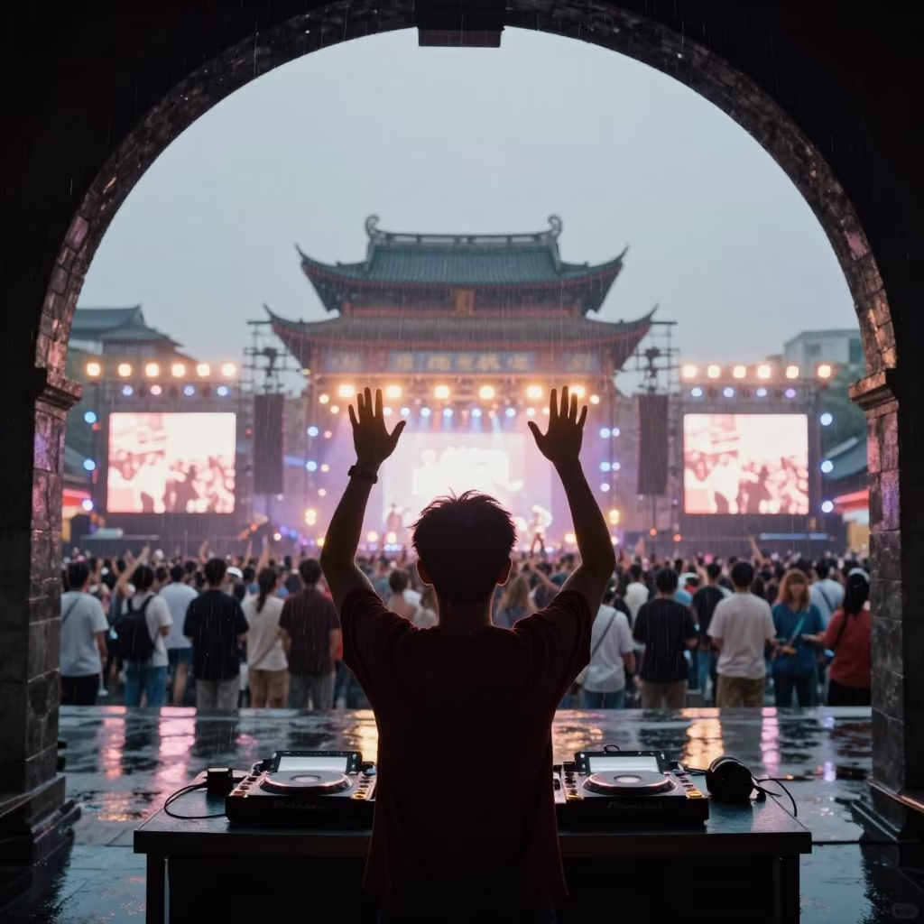 Silhouetted DJ Hands at Xian Festival Evening in at a public square during a festival in Xian