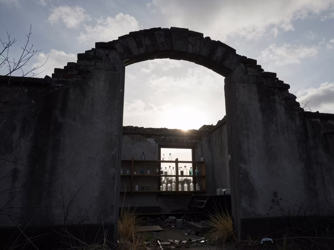 Silhouetted Doctor Office Ruins Victoria Arch in beneath a broken stone arch in Victoria