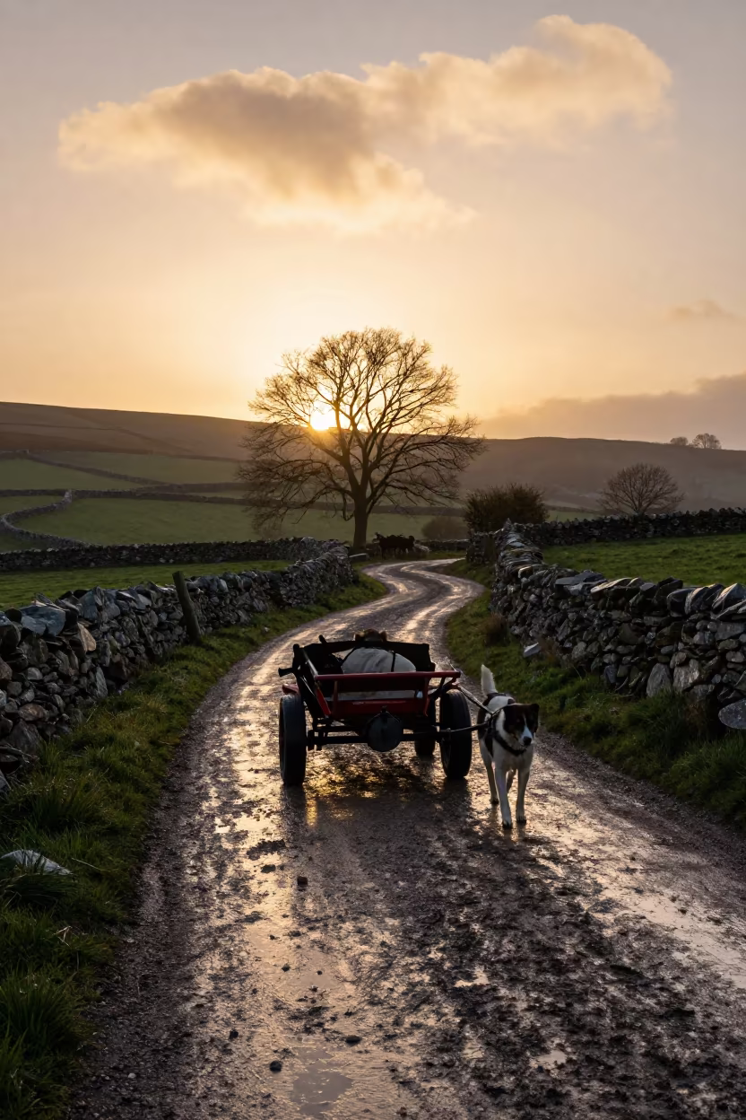 Silhouetted Dog Cart on Basque Switchback Lane in along a switchback approach in the Basque Country