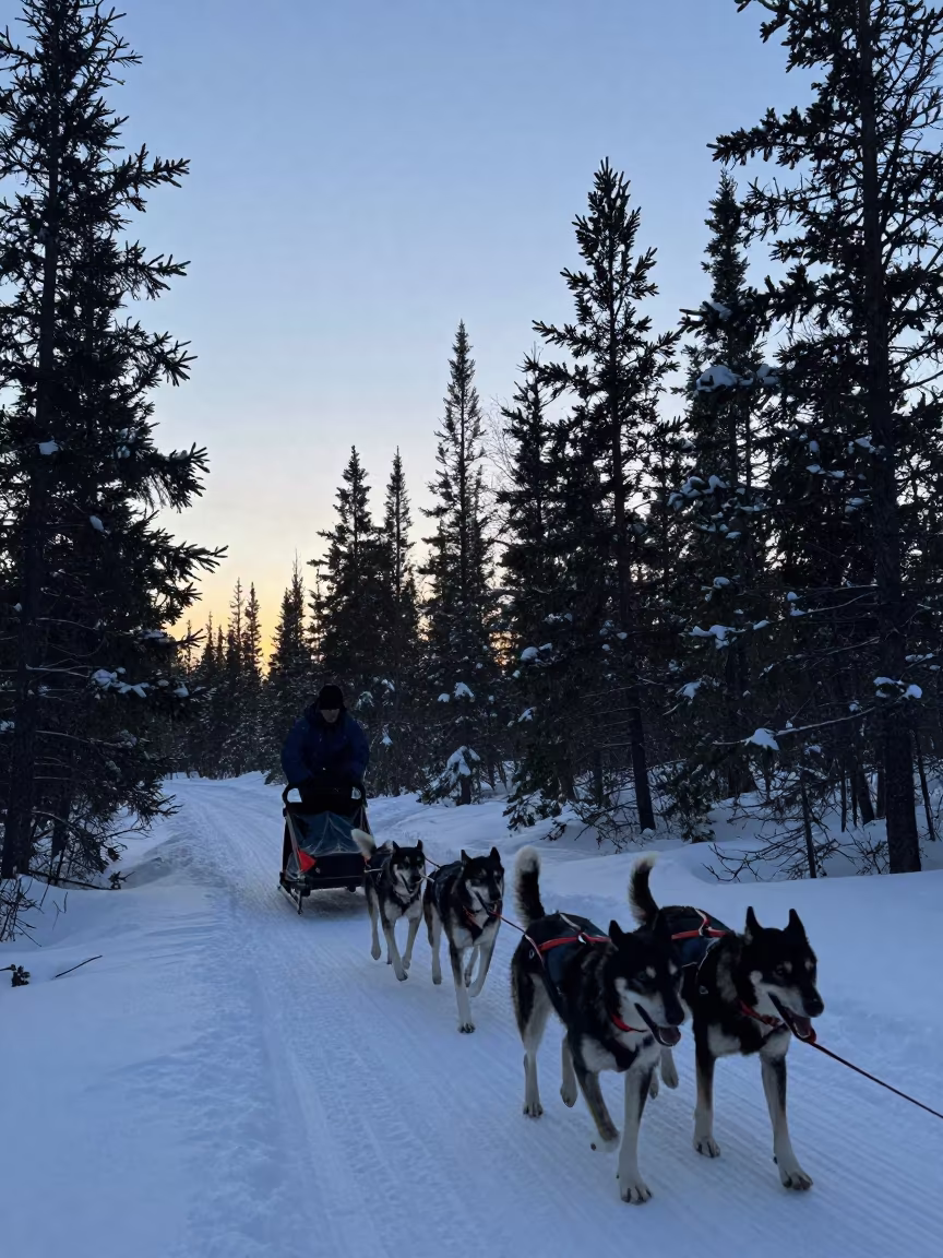 Silhouetted Dog Sled Team in Canadian Spruce Forest in in Canada