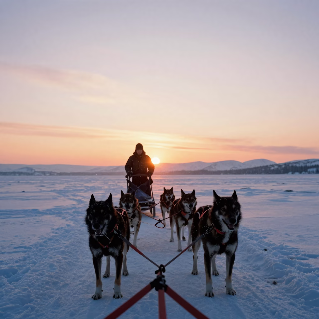 Silhouetted Dog Sled Team at Winter Sunset Fairbanks in near Fairbanks