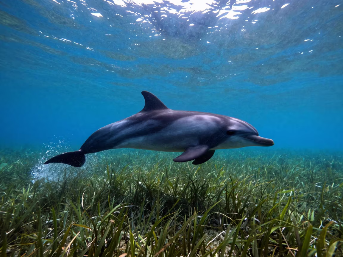 Silhouetted Dolphin Riding Pressure Wave Over Seagrass in above a seagrass meadow near Mumbai
