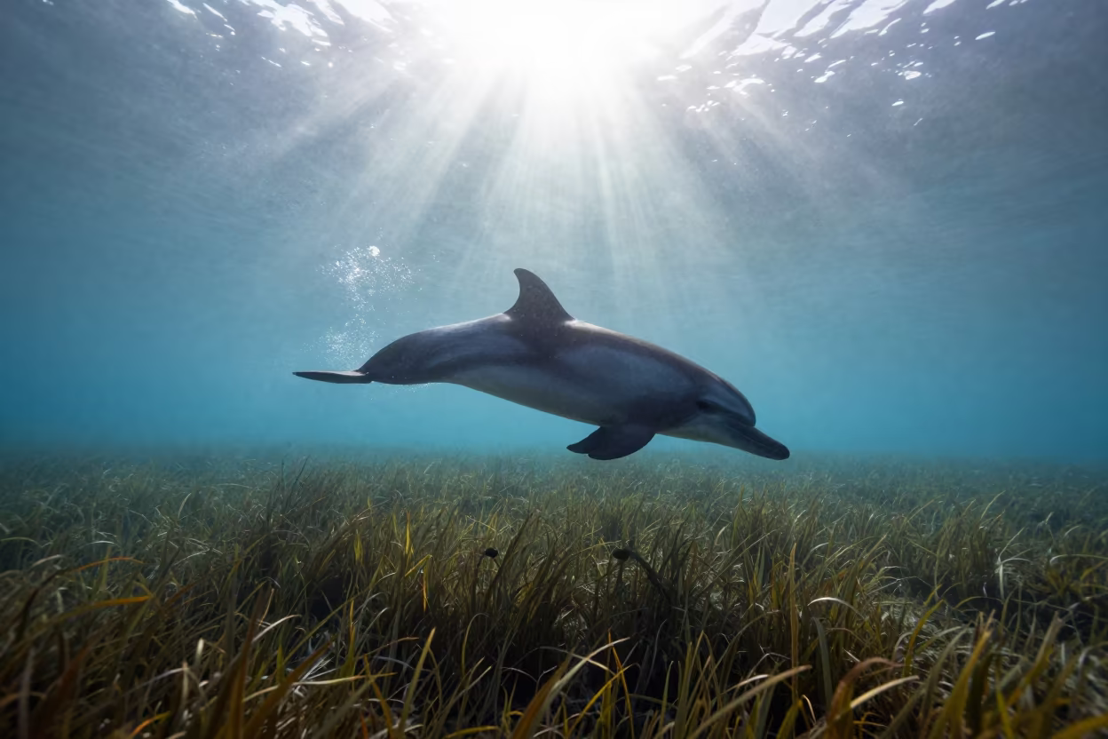 Silhouetted Dolphin Riding Wave Over Chilean Seagrass in above a seagrass meadow in Chile