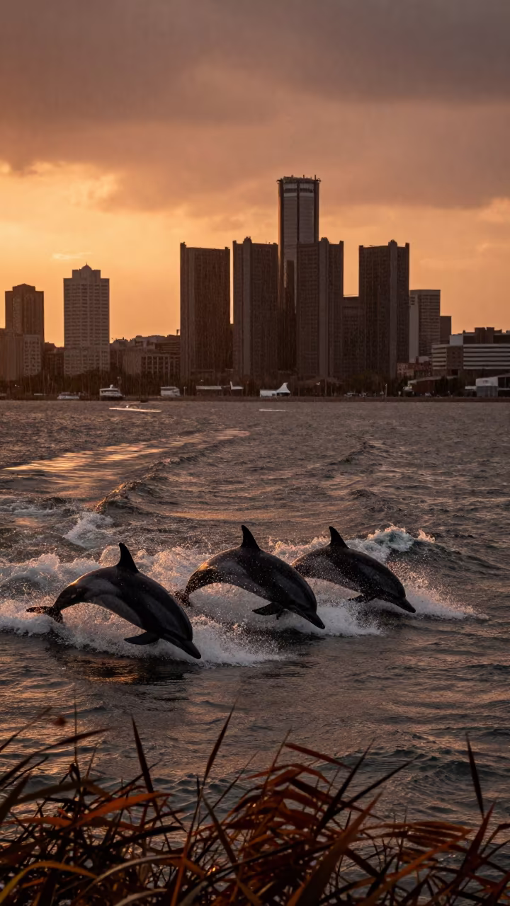 Silhouetted Dolphins in Autumn Rain at Detroit Market in at the edge of a reed bed near Eastern Market, Detroit