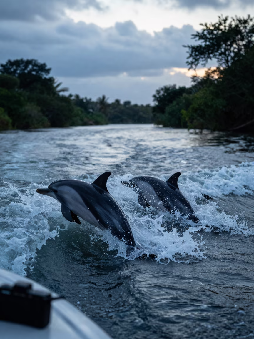 Silhouetted Dolphins in Mozambique Bow Wave in above a glacial stream in Mozambique