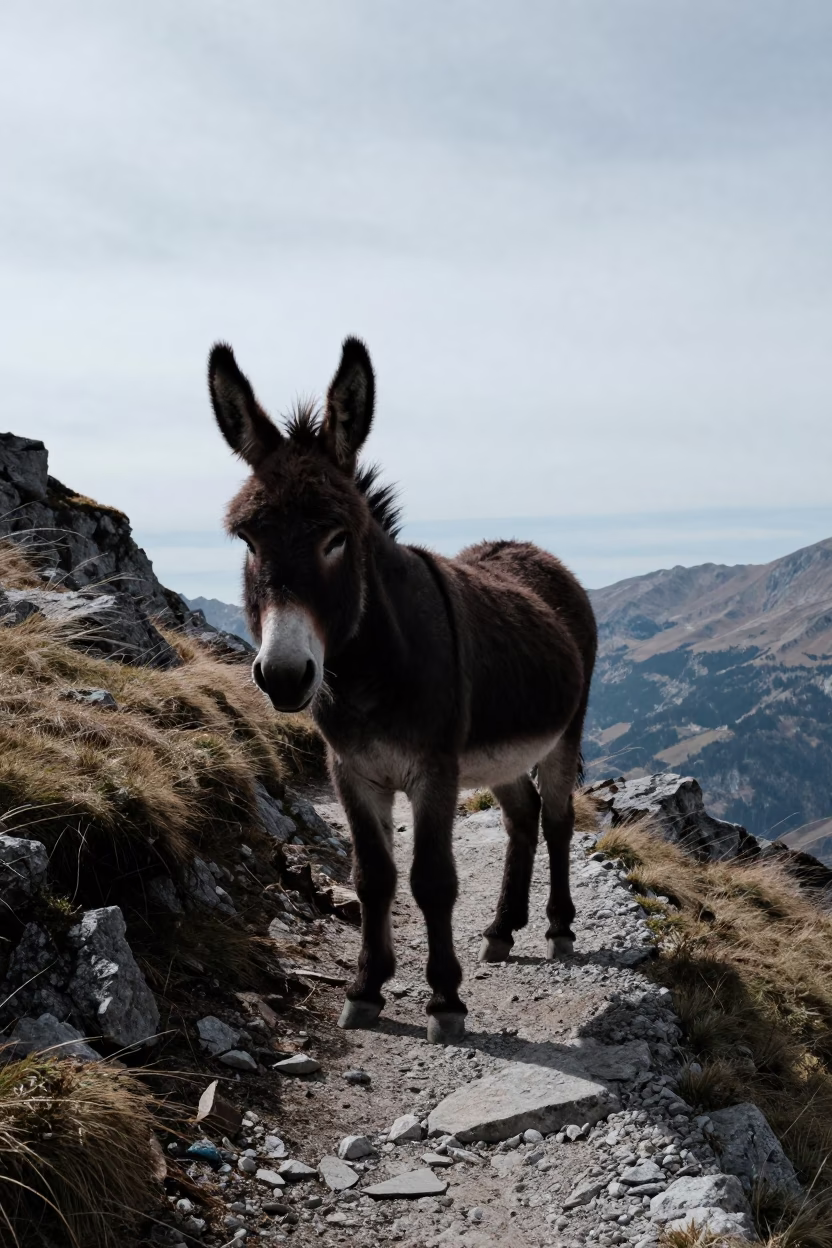 Silhouetted Donkey on Tyrolean Winter Trail in in Tyrol