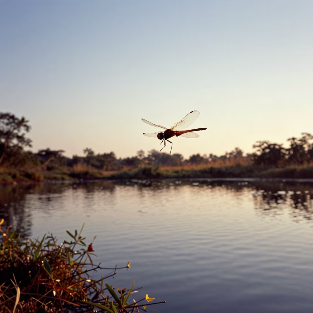 Silhouetted Dragonfly Over Goan Pond at Dusk in in Goa