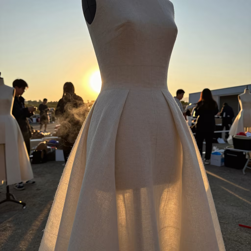 Silhouetted Dress Form in Sunset Light in under runway rehearsal lights in Saint-Louis