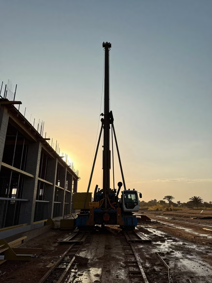 Silhouetted Drill Rig at Sunset in Namibia in beside a framed building shell in Namibia