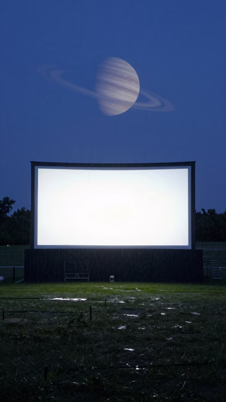 Silhouetted Drive-In Screen Under Ringed Planet in inside a roofless nave in Minnesota