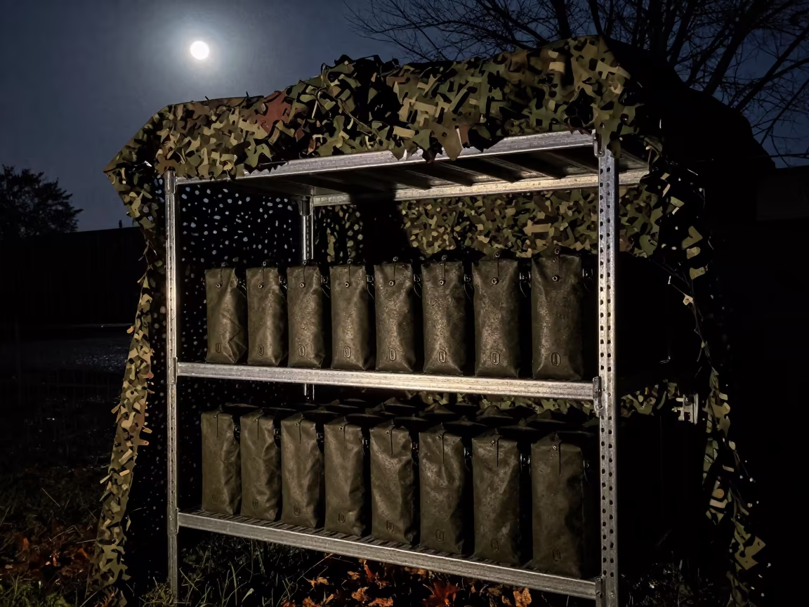 Silhouetted Drone Battery Fire Bag Shelf Under Camo Net in beneath a camouflage net shelter in Baltimore
