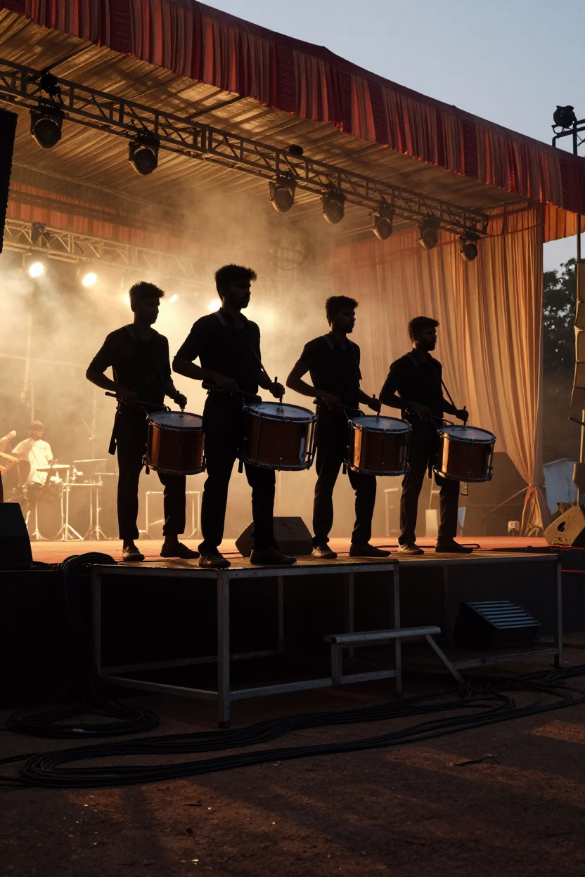 Silhouetted Drum Line on Festival Stage Vijayapura in on a festival main stage in Vijayapura