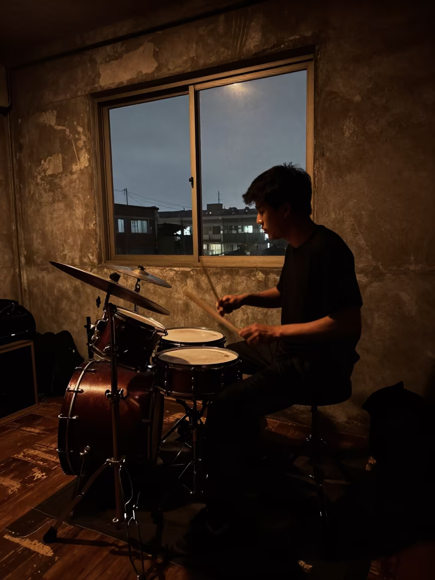 Silhouetted Drummer Brushing Snares in Firelight in in a rehearsal room in Binh Thanh, Ho Chi Minh City