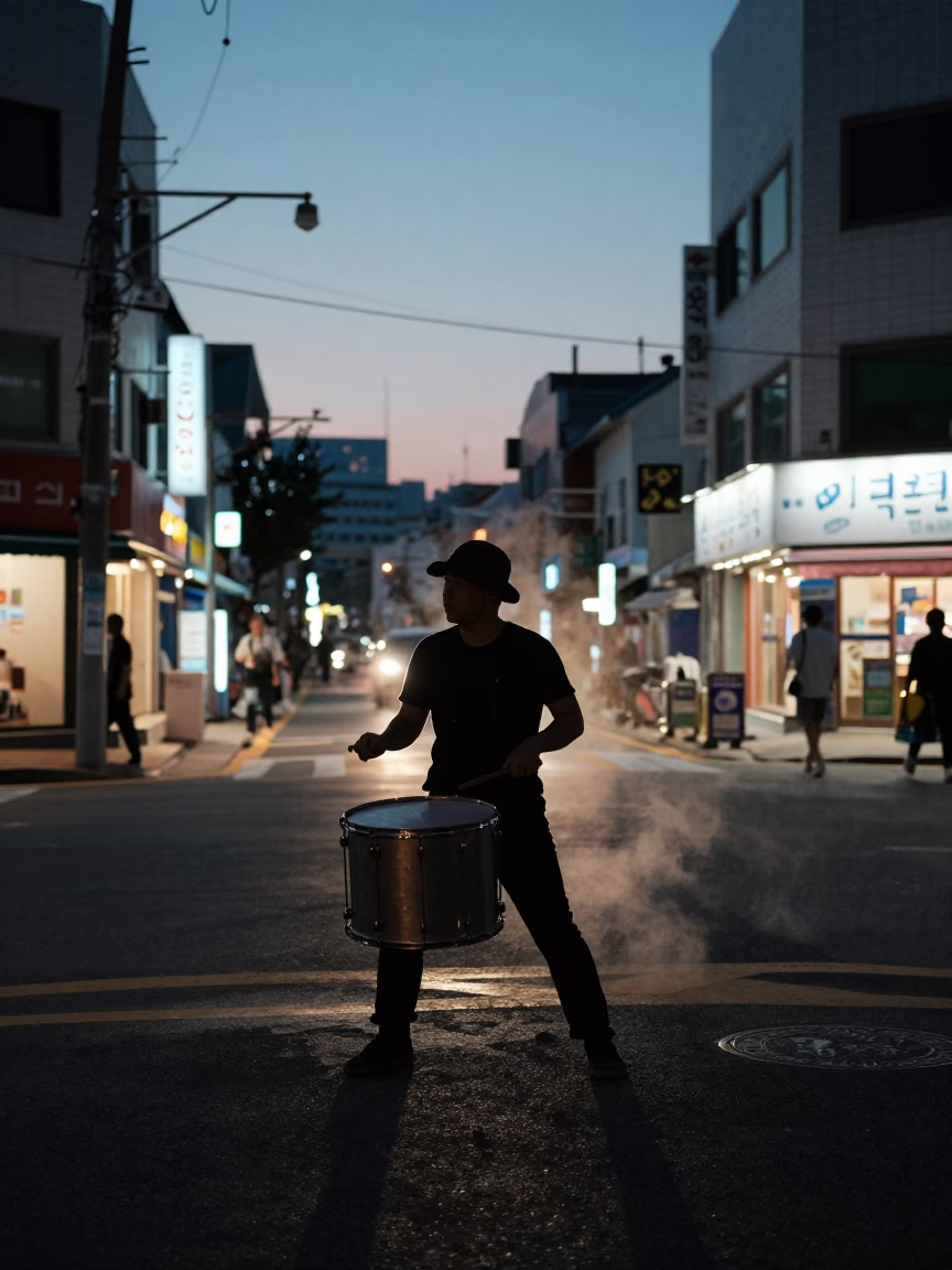 Silhouetted Drummer at Busan Dusk in at a street corner busking spot in Nampo-dong, Busan
