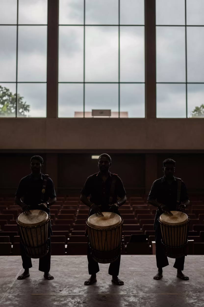 Silhouetted Drummers at Ghazipur Concert Hall in in a concert hall in Ghazipur