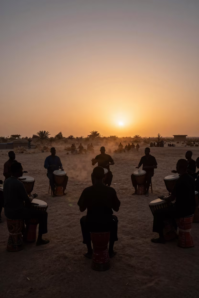 Silhouetted Drummers on Zaria Stage at Sunset in on a dimly lit stage in Zaria