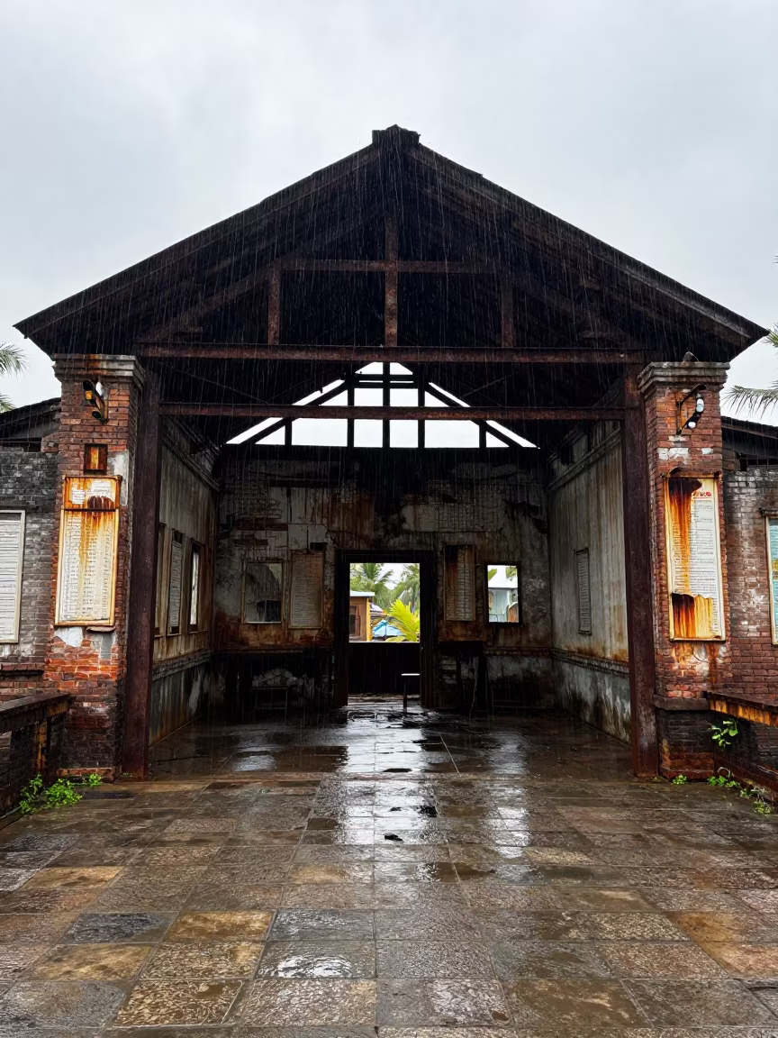 Silhouetted Dry Dock in Roofless Hammam During Monsoon in inside a roofless hammam in China