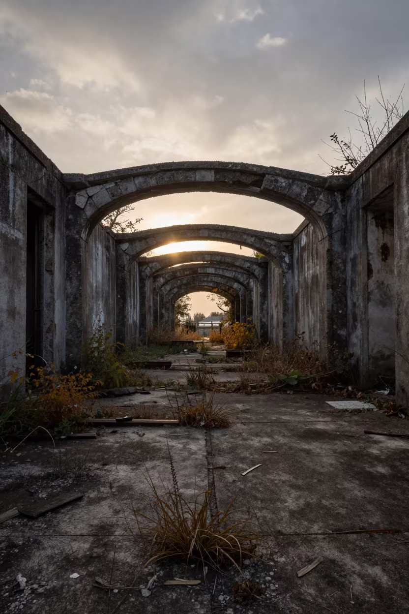 Silhouetted Dry Dock Under Stone Arch in beneath a broken stone arch in Lombardy