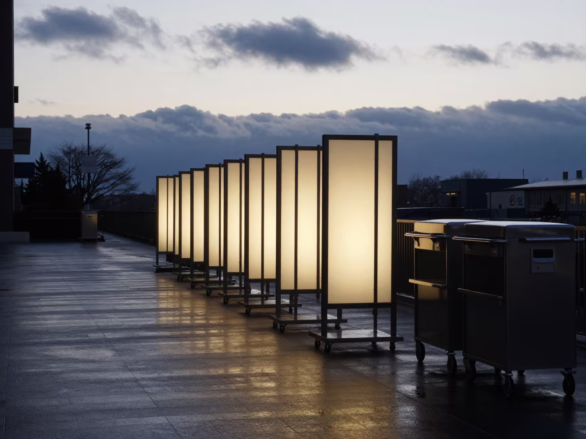 Silhouetted Easel Rack in Sapporo Hotel Drop-off in along a hotel drop-off lane with polished carts lined up near Sapporo