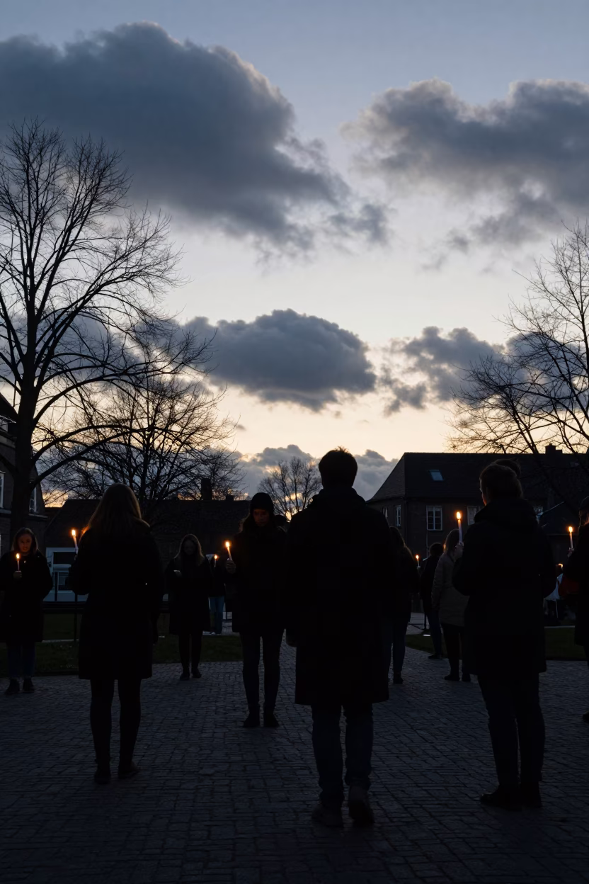 Silhouetted Easter Vigil Mass in Rotterdam Courtyard in in a temple courtyard near Rotterdam