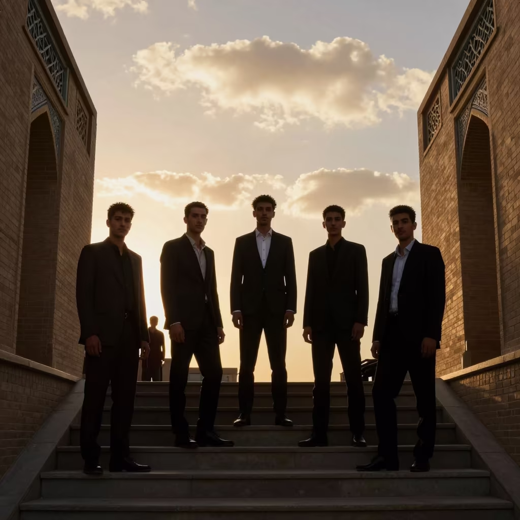 Silhouetted Editors in Herat Fashion Week Stairwell in in a backstage changing corridor in Herat