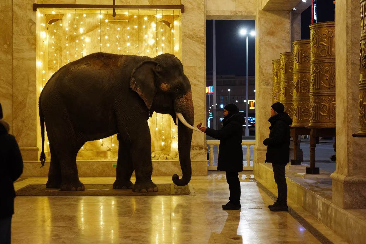 Silhouetted Elephant Blessing Devotee Winter Temple in beside a prayer wheel corridor in Yüksekova district
