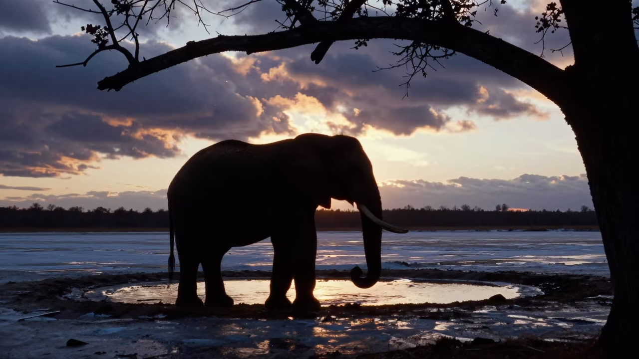 Silhouetted Elephant at Siberian Watering Hole Sunset in in Siberia
