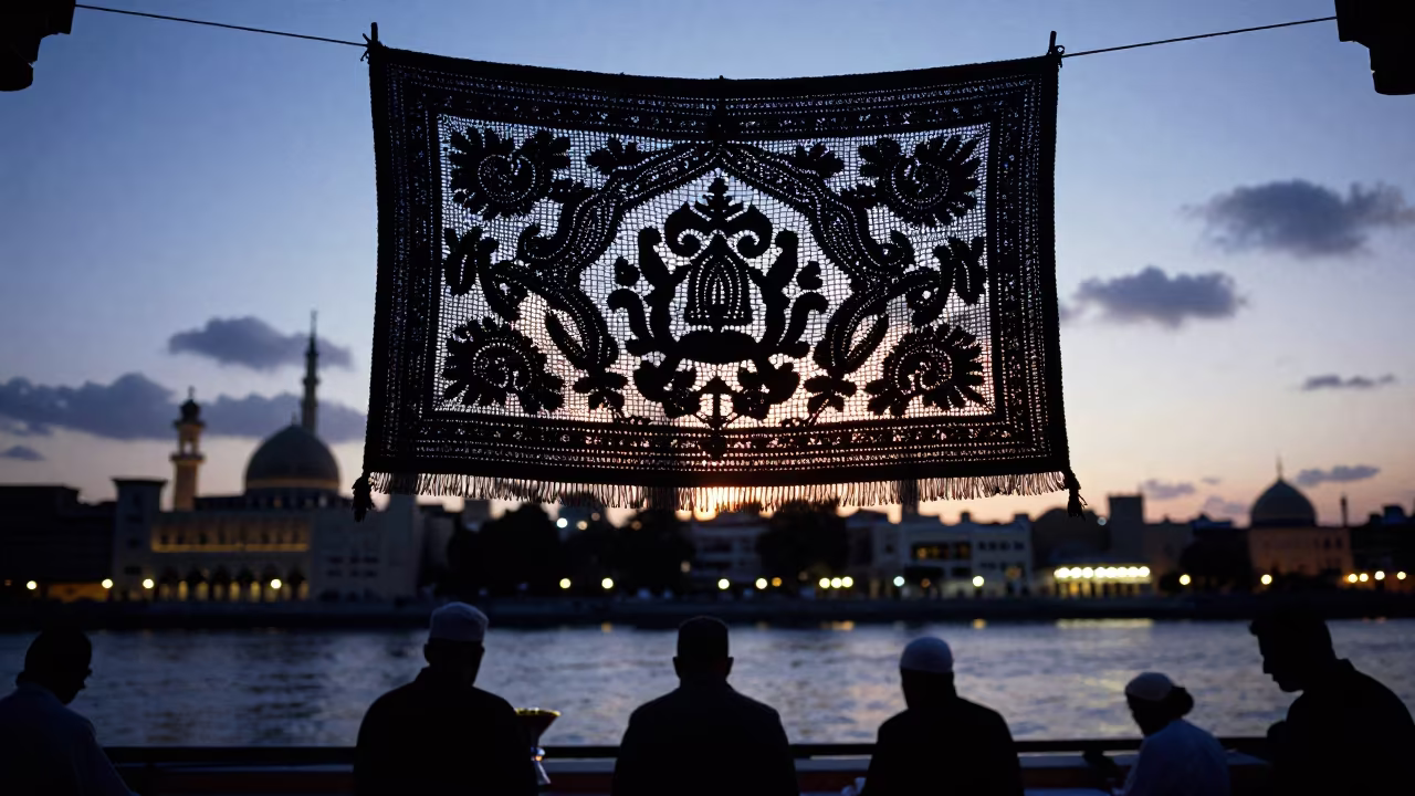 Silhouetted Embroidered Banner in Jeddah Twilight in in a temple courtyard in Jeddah