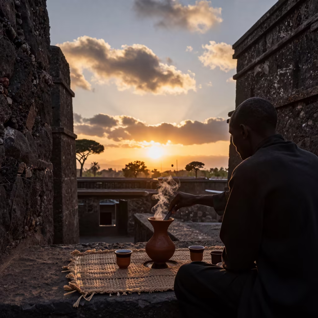 Silhouetted Ethiopian Coffee Ceremony in Prayer Hall in in a prayer hall near Lalibela
