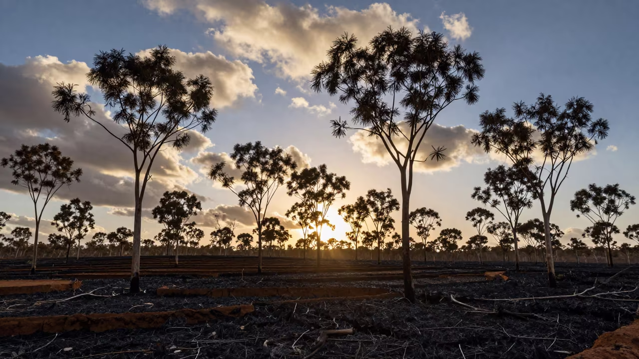 Silhouetted Eucalyptus Forest After Fire in among terraced garden plots in Eritrea