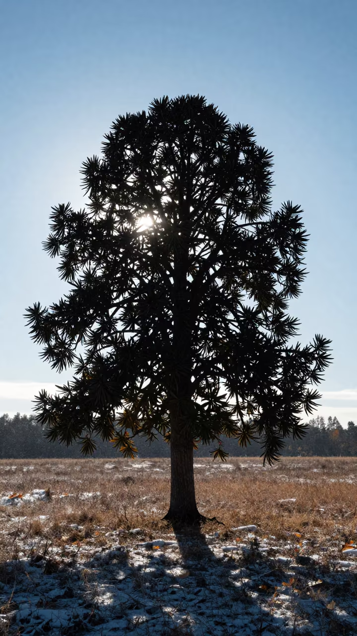 Silhouetted Euphorbia Tree in Snowy Meadow in in a bloom-heavy meadow in United States