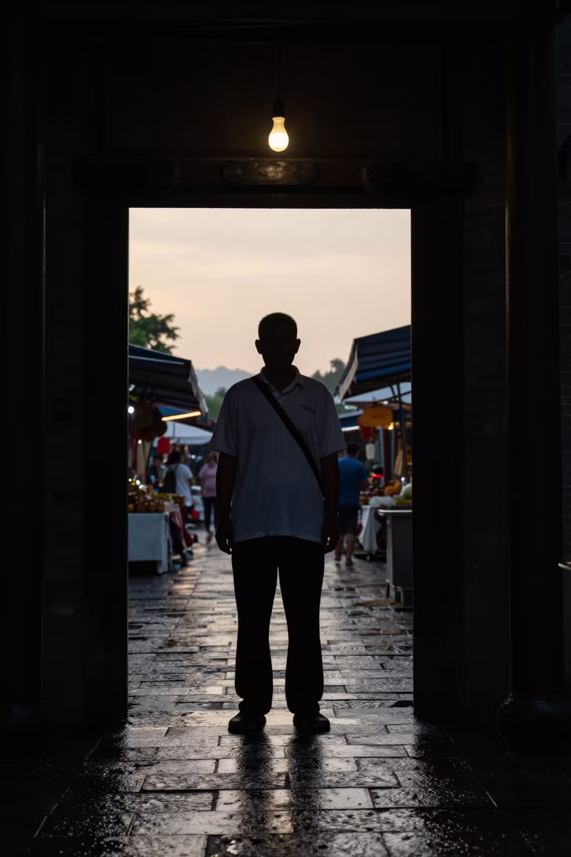 Silhouetted Evangelist in Hangzhou Alley Evening in along a market-lined side street in Hangzhou