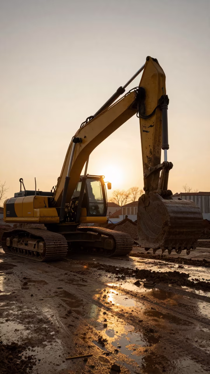 Silhouetted Excavator at Rialto Bottling Site Sunset in across an active works site near Rialto, Venice