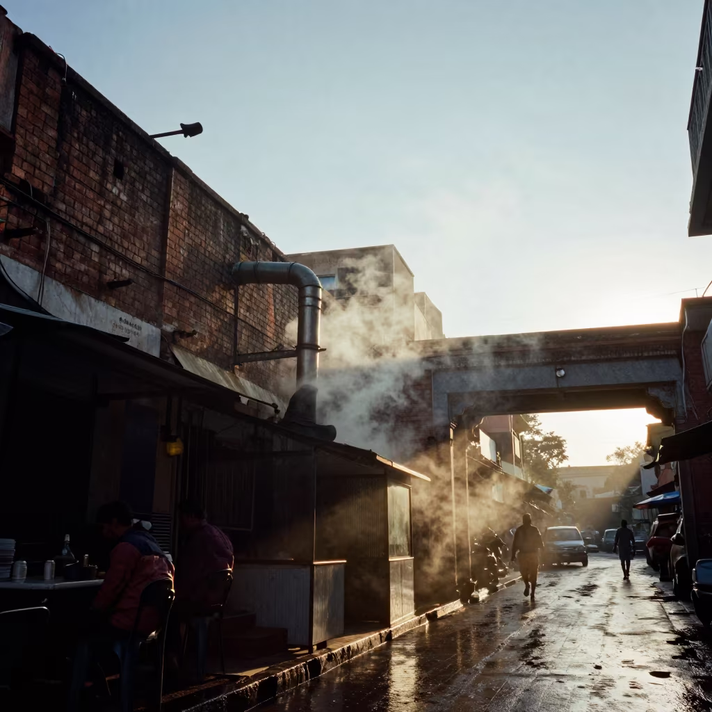 Silhouetted Exhaust Steam in Ahmedabad Alley in outside a metro entrance in Ahmedabad