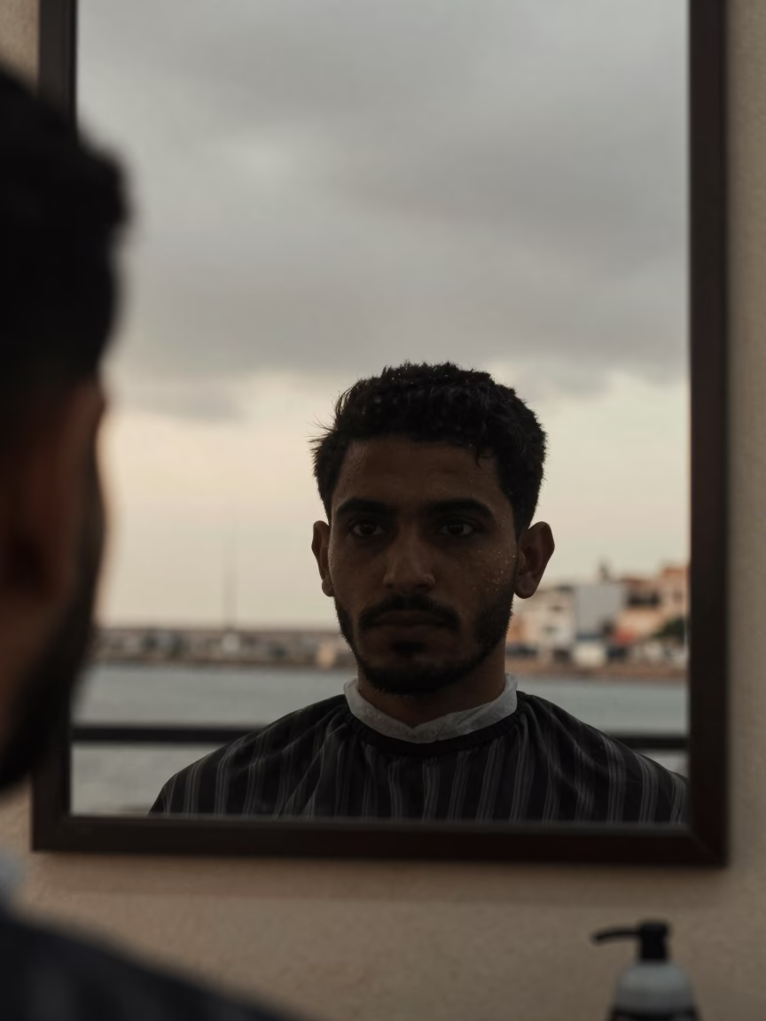 Silhouetted Face Reflected in Harbor Barbershop Mirror in at a harbor edge in Kenitra