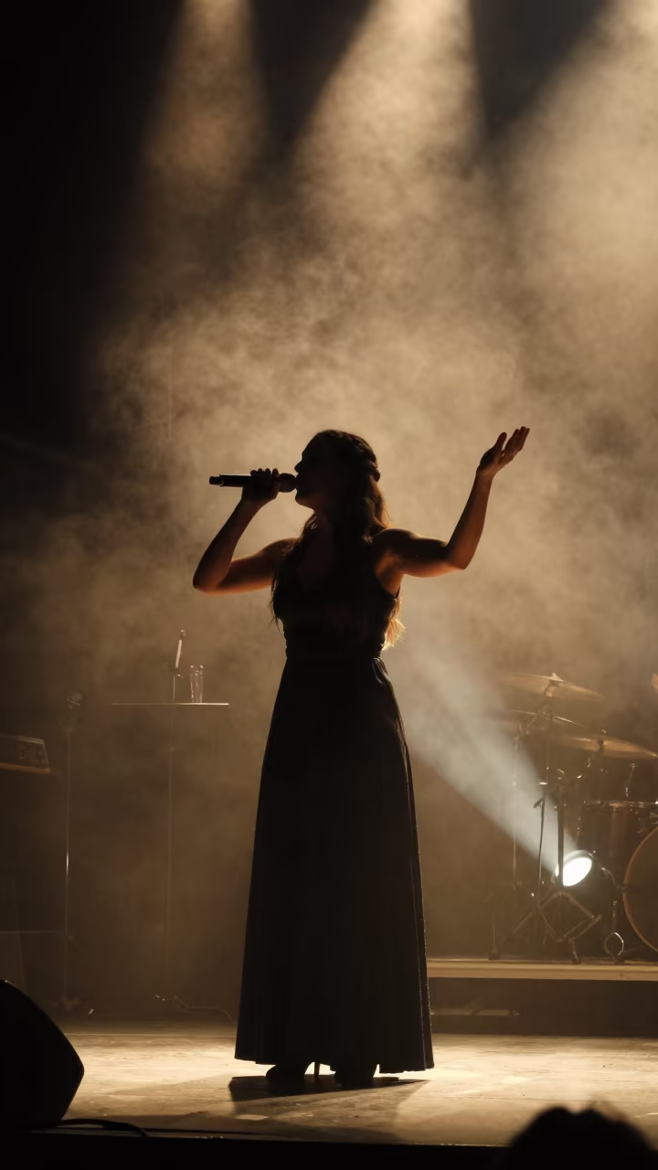 Silhouetted Fado Singer Night Stage Coimbra in on a festival main stage in Coimbra