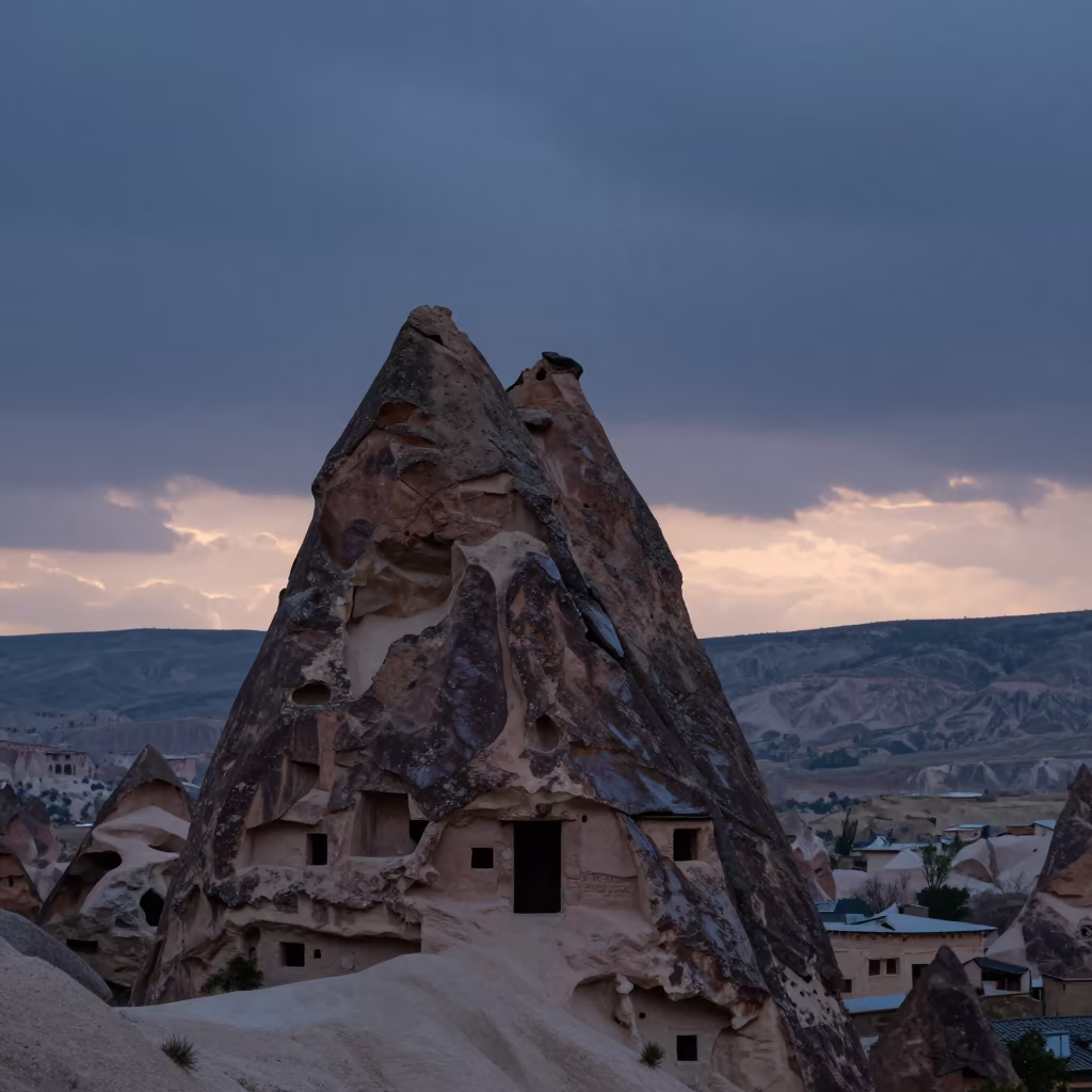 Silhouetted Fairy Chimney Cave Dwelling in Indigo Twilight in across a wide valley floor near Nevşehir