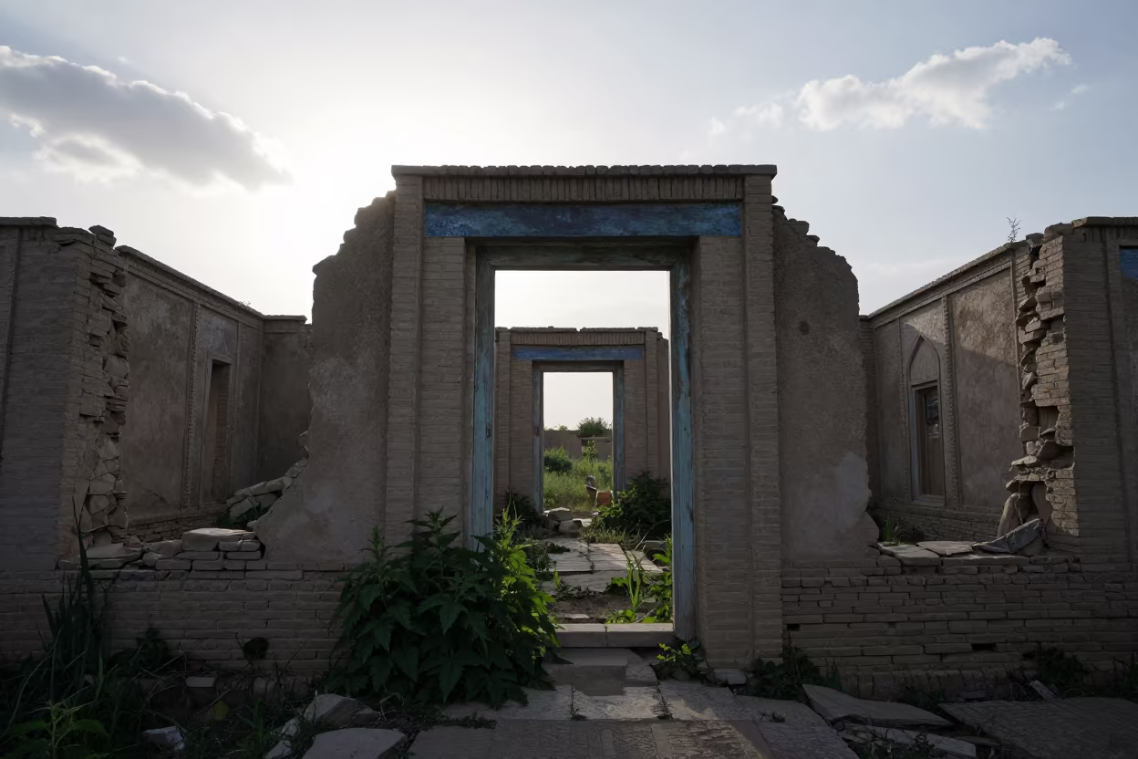 Silhouetted Farmhouse Ruin in Uzbekistan Morning Light in among collapsed cloisters in Uzbekistan