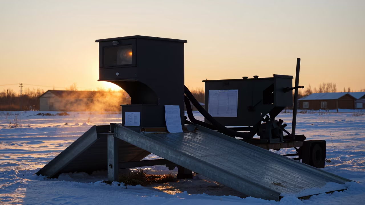 Silhouetted Farrowing Lamp at Winter Stockyard in at a stockyard loading ramp in the Russian Far East