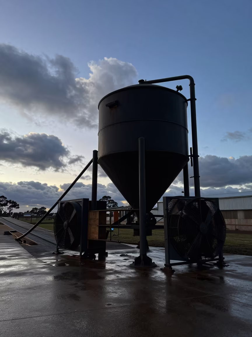 Silhouetted Feed Mixer at Stockyard Ramp in at a stockyard loading ramp in Western Australia