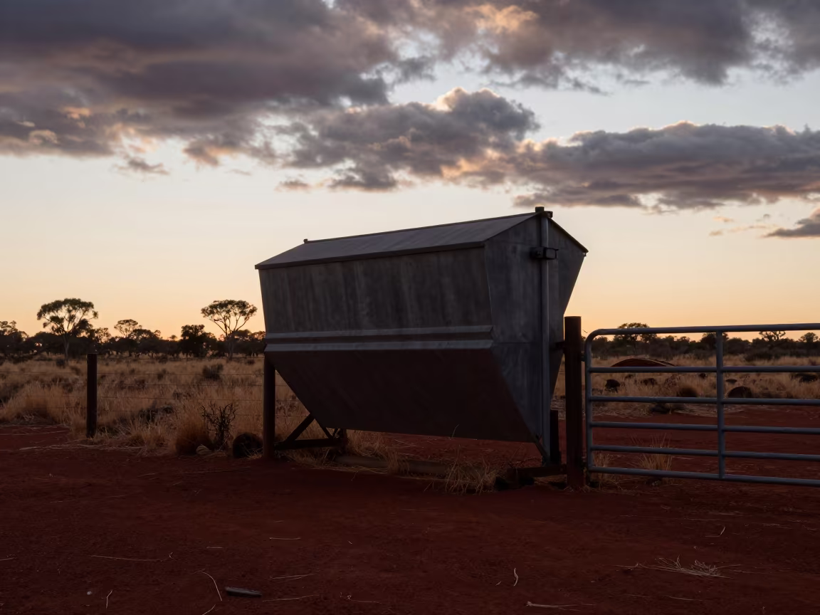Silhouetted Feed Scoop Bin Against Dawn Outback Sky in beside a pasture gate in the Outback