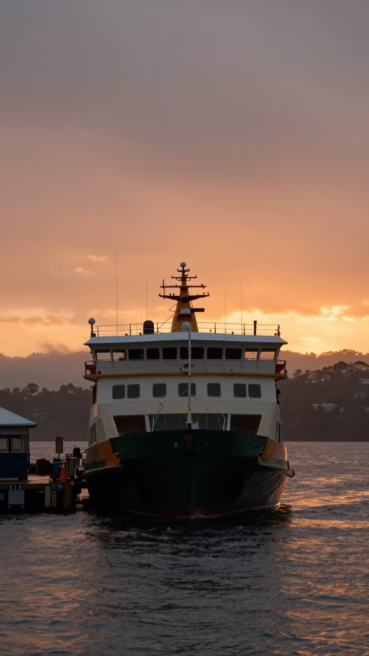 Silhouetted Ferry Leaving Barangaroo Harbor at Twilight in across a remote ferry crossing near Barangaroo, Sydney