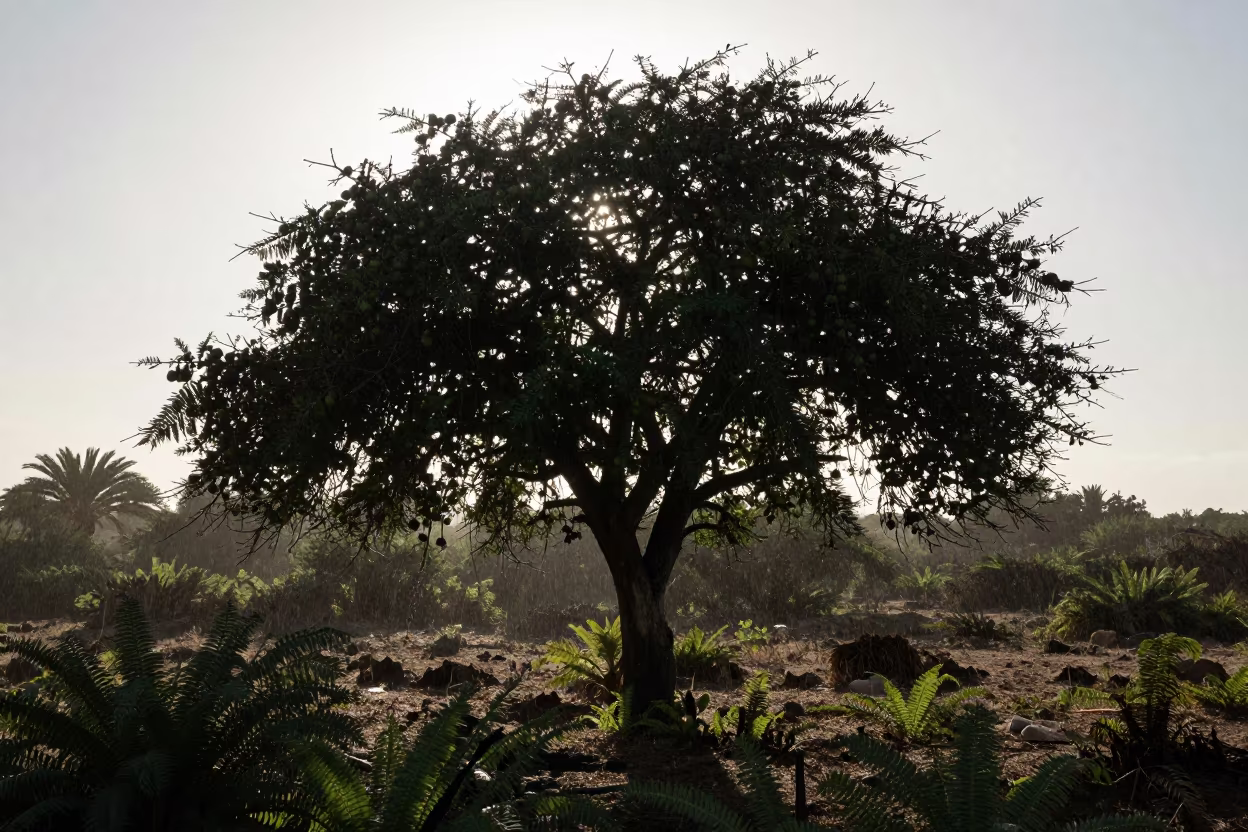 Silhouetted Fig Tree Heavy With Fruit in on a fern-lined forest floor in Mauritania