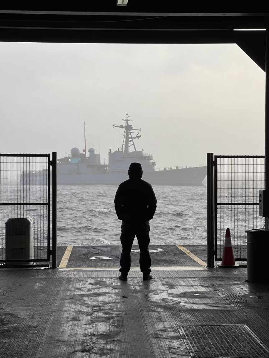 Silhouetted Figure at Naval Hangar Threshold in on a naval deck in rough wind in the Serengeti